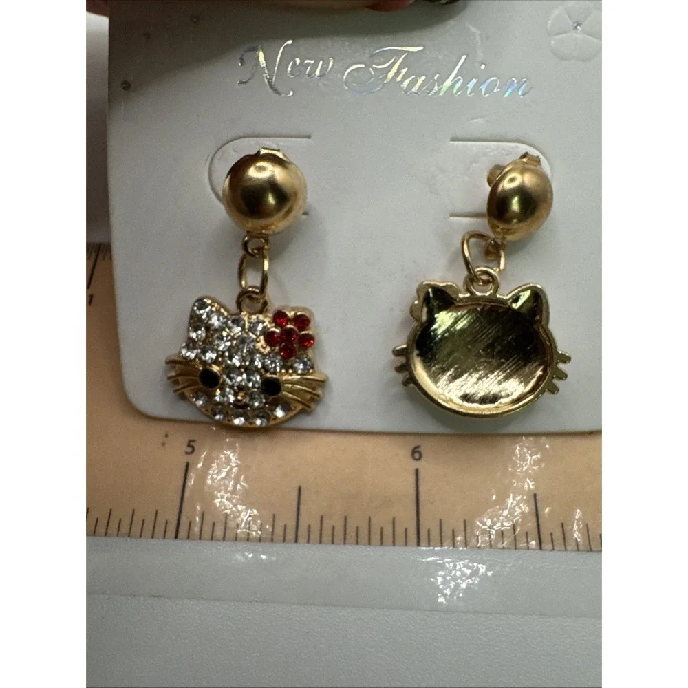HELLO‎ KITTY Gold-Tone Rhinestone Dangle Earrings NEW